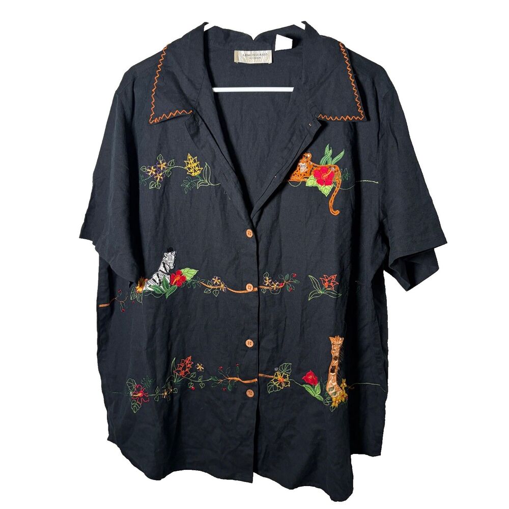 Lemon Grass Shirt Women's 20W Black Emrboidered Button Up Animal Top Collared